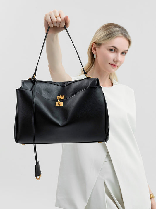 Women's Leather Tote Bag, Large Capacity Designer Shoulder Handbag with Gold Lock