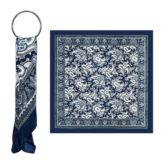 Navy Blue Paisley Printed Polyester Satin Square Hijab, Ladies Multi-use Headscarf Shawl