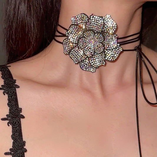 Rhinestone Flower Choker Necklace, Womens Arabian Crystal Statement
