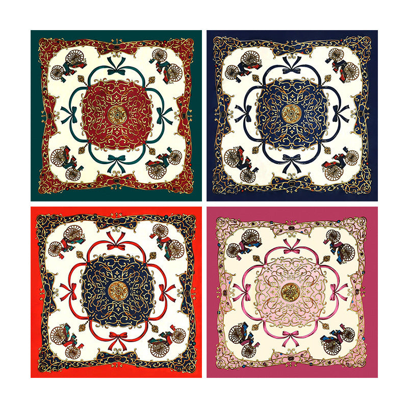Red Carriage Print Satin Hijab Scarf, Luxury Square Headscarf for Women, Saudi UAE Eid & Party Wear