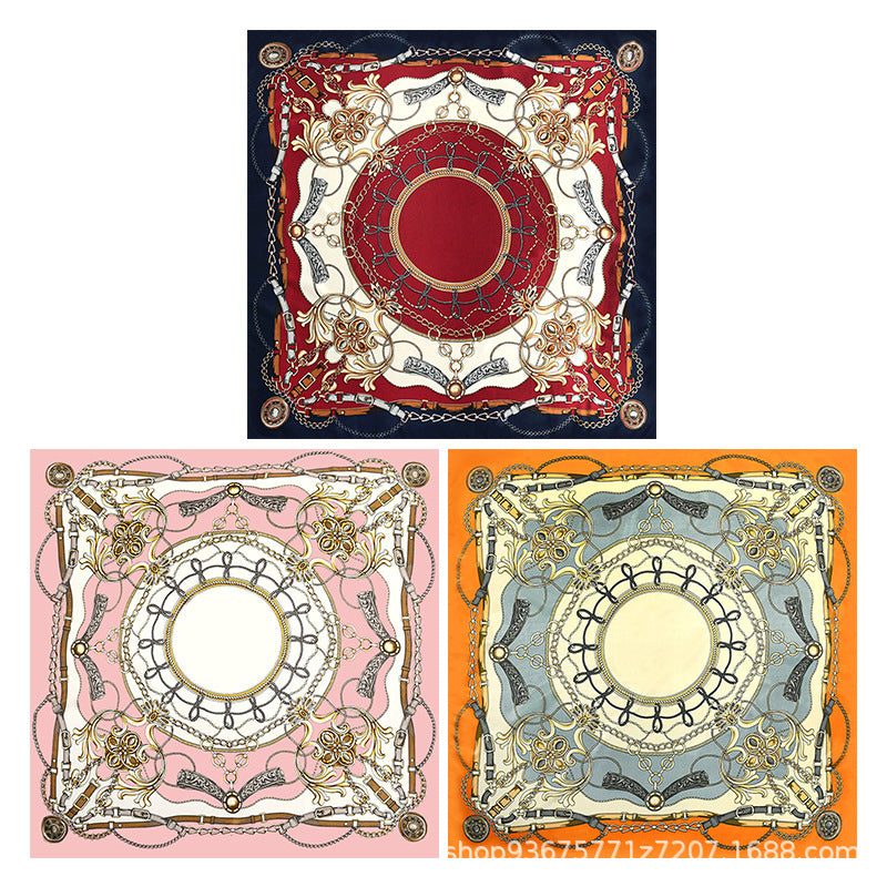 100% Polyester Satin Square Scarf for Women, Elegant Chain Buckle Print Head Wrap, Versatile Modest Hijab Shawl 90x90cm