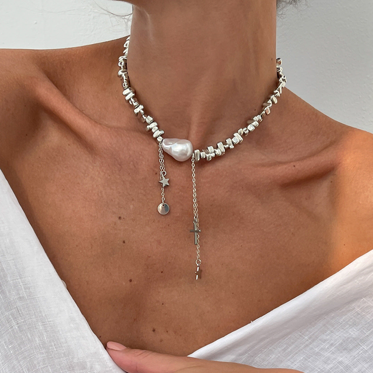Silver Beaded Choker Necklace for Women, Irregular Baroque Pearl Choker with Star Cross Charm, Y2K Dainty Chain Tassel Necklace, Trendy Cool Girl Jewelry