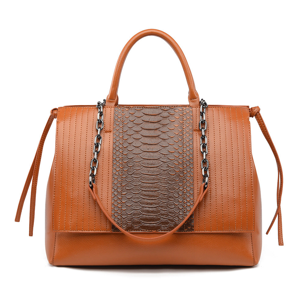 Brown Snake Print Vegan Leather Tote, Womens Flap Handbag with Chain