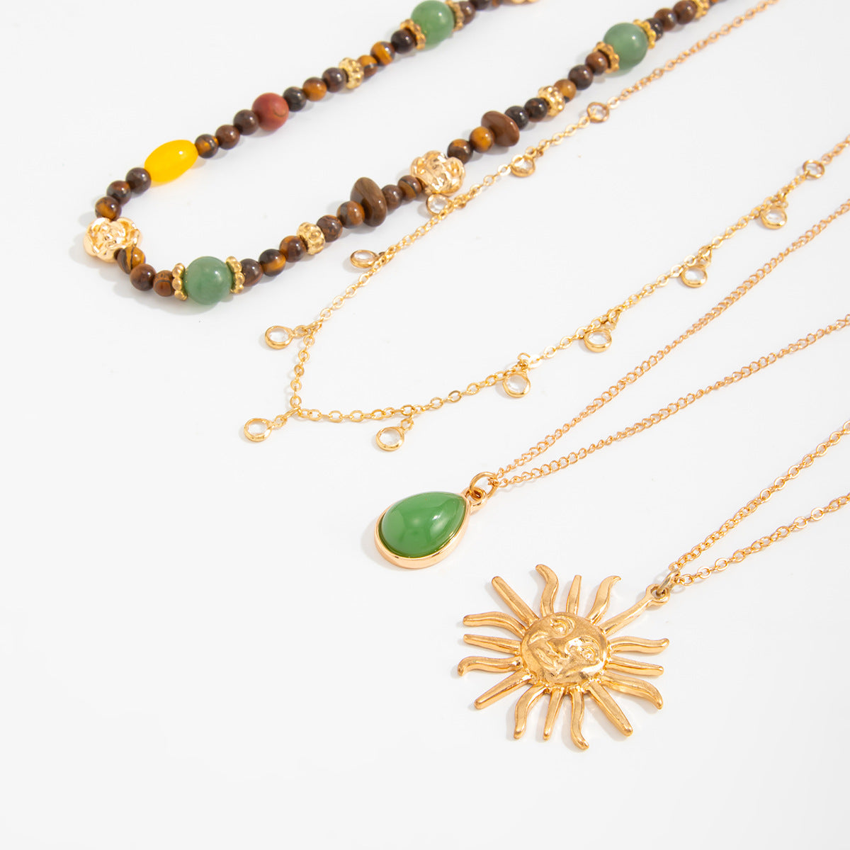Women’s Multi Layer Gold Necklace, Bohemian Natural Stone Beaded Choker with Sun God Pendant, Retro Ethnic Stack Necklace Arab Fashion Jewelry Gift