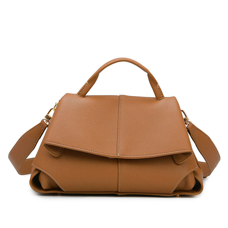 Taupe Vegan Leather Satchel, Womens Flap Handbag with Wide Crossbody Strap