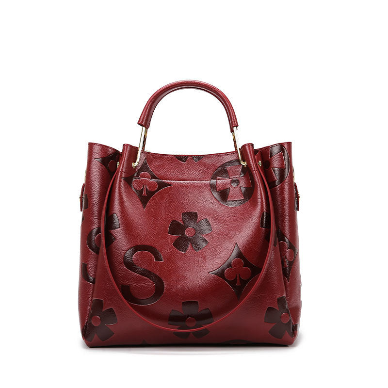 Women's Embossed Bucket Tote Bag, Premium Vegan Leather Handbag with Contrast Handle, Black Monogram Pattern Shoulder Bag, Large Capacity Work Tote with Crossbody Strap