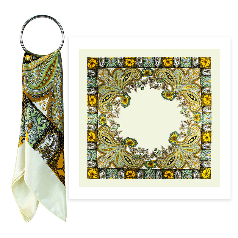 Golden Vintage Paisley Printed Polyester Satin Square Hijab, Ladies Multi-use Headscarf Shawl