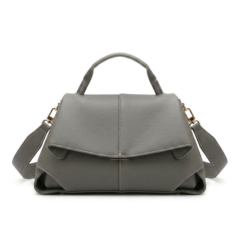 Taupe Vegan Leather Satchel, Womens Flap Handbag with Wide Crossbody Strap