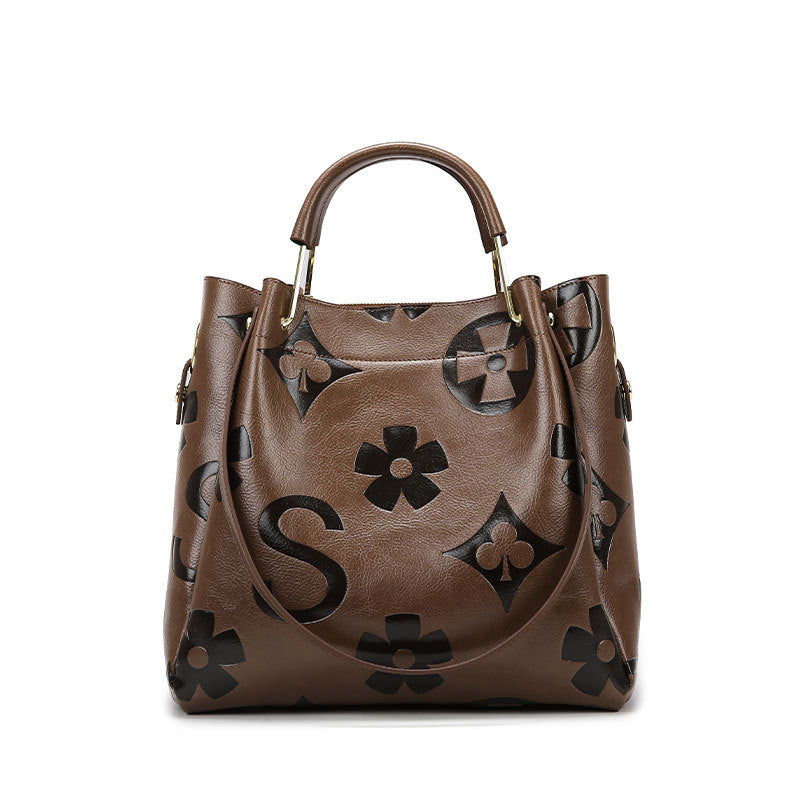 Women's Embossed Bucket Tote Bag, Premium Vegan Leather Handbag with Contrast Handle, Black Monogram Pattern Shoulder Bag, Large Capacity Work Tote with Crossbody Strap