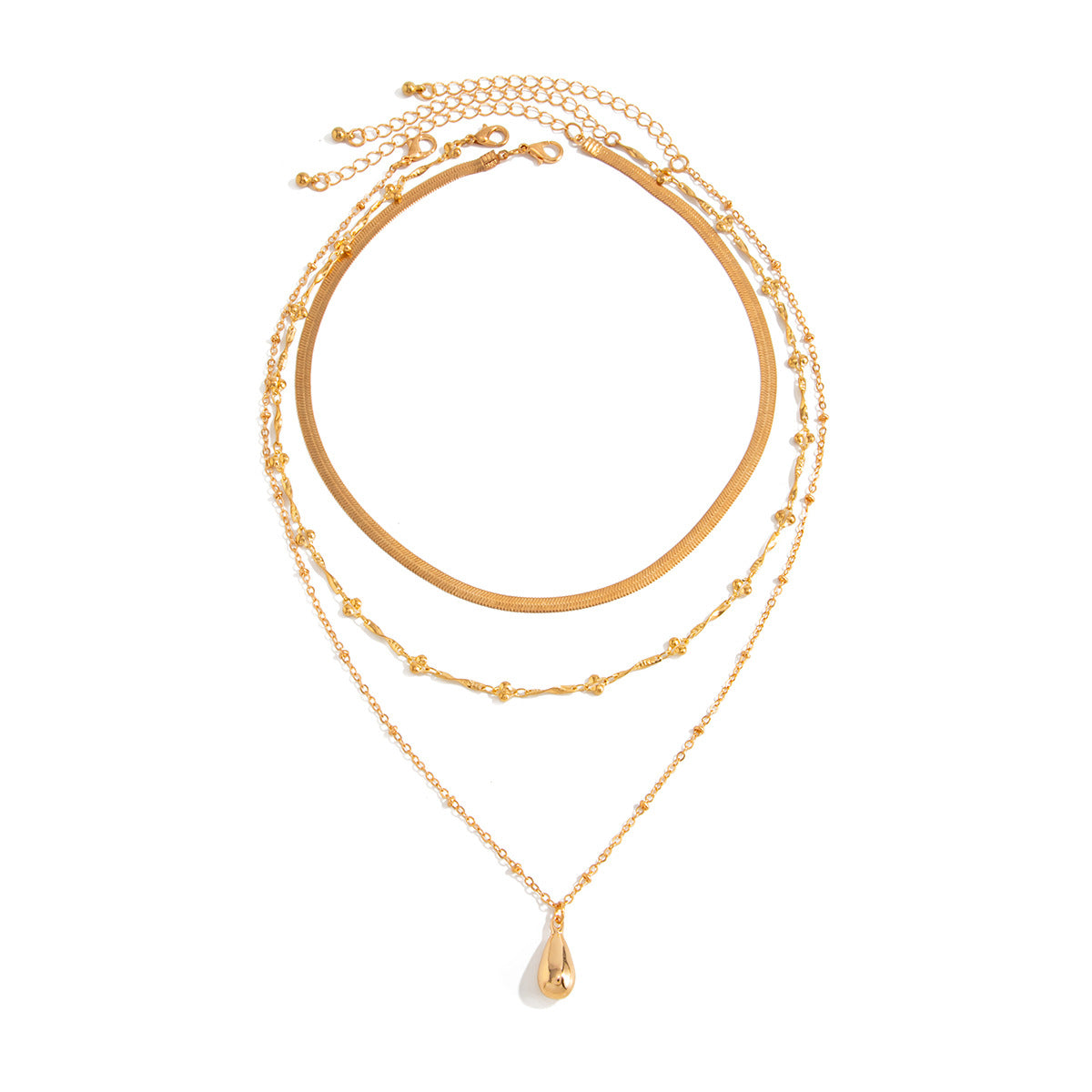 Silver Gold Plated 3 Layered Necklace for Women - Teardrop Pendant Herringbone Chain Waterproof