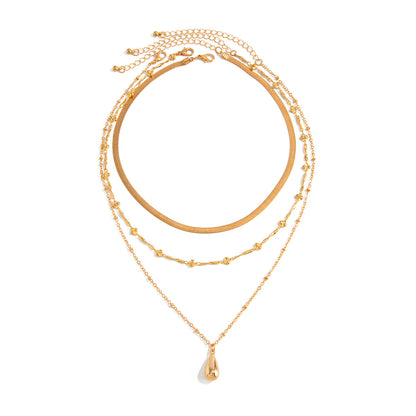 Silver Gold Plated 3 Layered Necklace for Women - Teardrop Pendant Herringbone Chain Waterproof