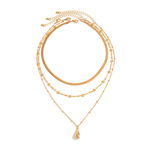 Silver Gold Plated 3 Layered Necklace for Women - Teardrop Pendant Herringbone Chain Waterproof