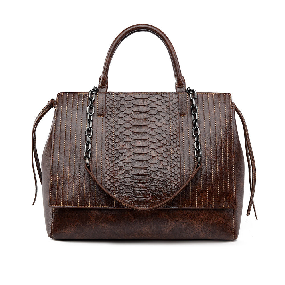 Brown Snake Print Vegan Leather Tote, Womens Flap Handbag with Chain