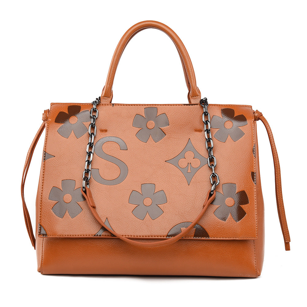 Brown Snake Print Vegan Leather Tote, Womens Flap Handbag with Chain