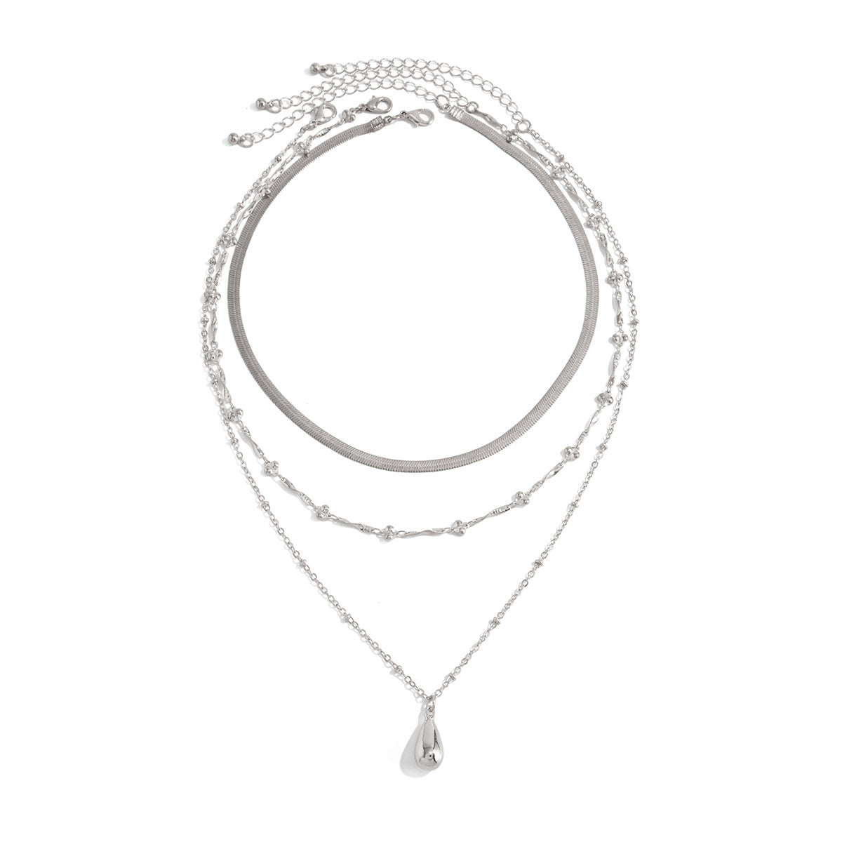 Silver Gold Plated 3 Layered Necklace for Women - Teardrop Pendant Herringbone Chain Waterproof