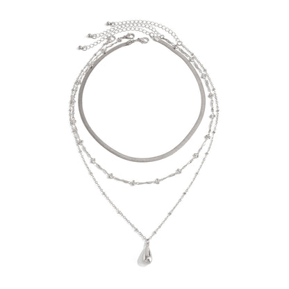Silver Gold Plated 3 Layered Necklace for Women - Teardrop Pendant Herringbone Chain Waterproof