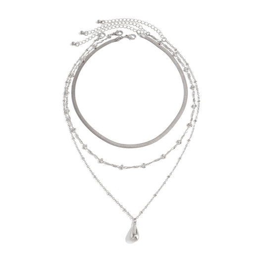 Silver Gold Plated 3 Layered Necklace for Women - Teardrop Pendant Herringbone Chain Waterproof