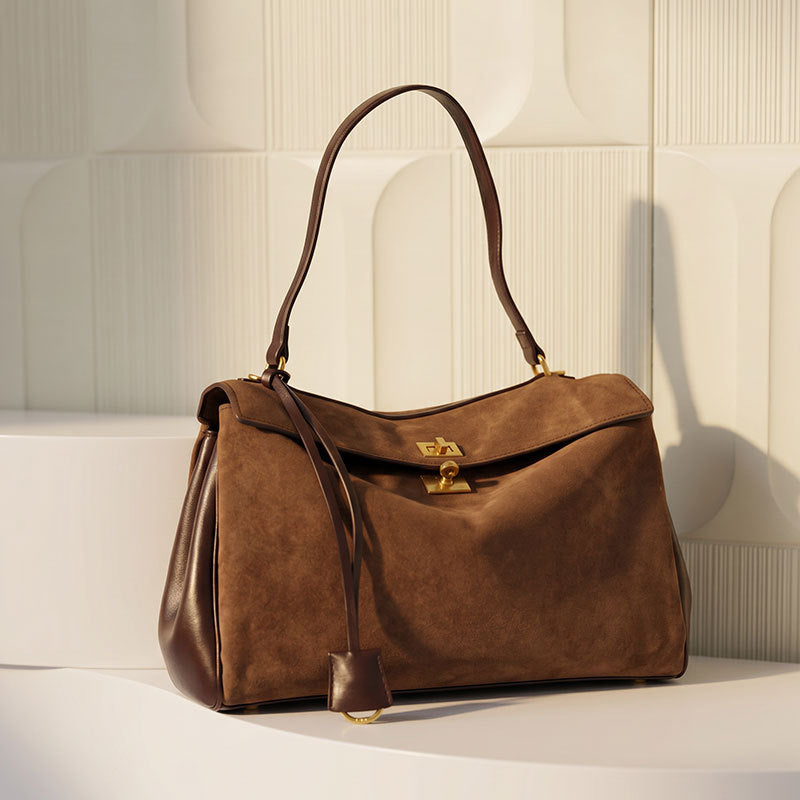 Women's Leather Tote Bag, Large Capacity Designer Shoulder Handbag with Gold Lock