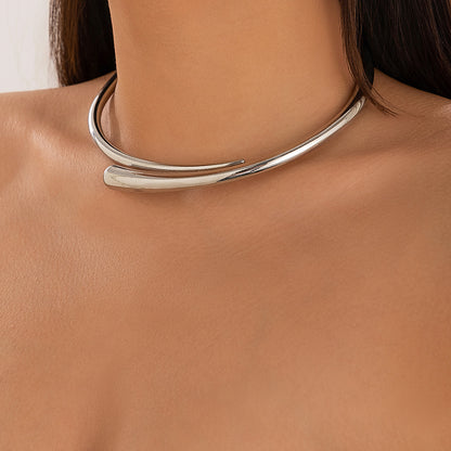 Women’s Polished Silver Open Torc Choker, Contemporary Asymmetric Cuff Collar Necklace, Bold Statement Jewelry for Party & Daily Wear