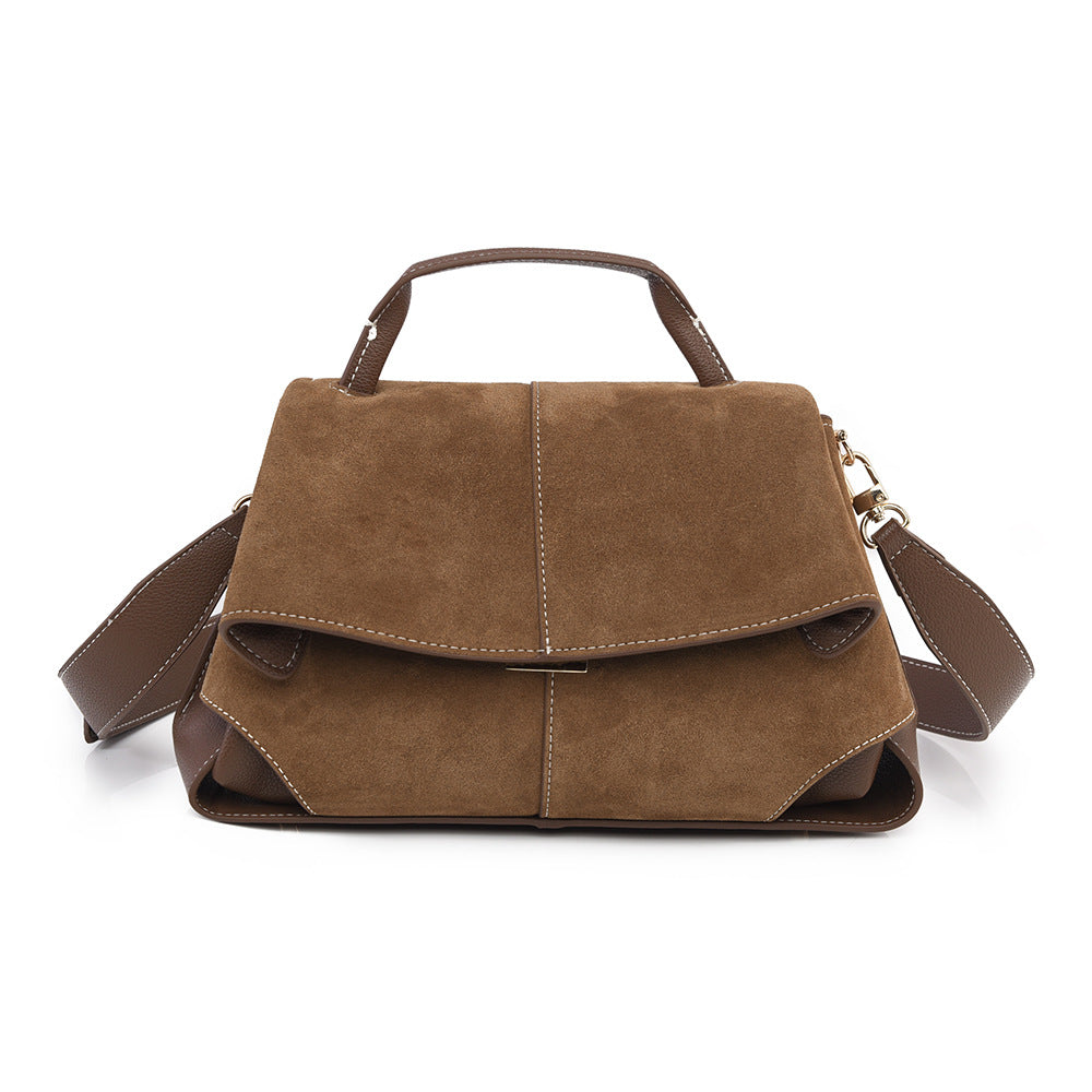Taupe Vegan Leather Satchel, Womens Flap Handbag with Wide Crossbody Strap