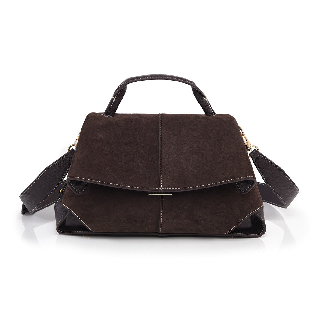 Taupe Vegan Leather Satchel, Womens Flap Handbag with Wide Crossbody Strap