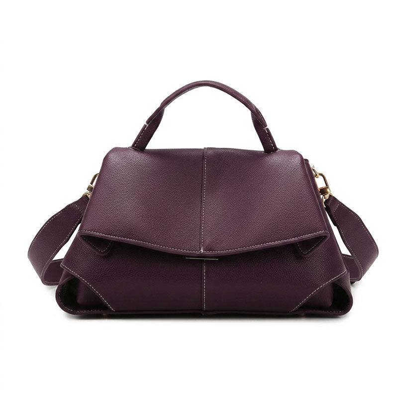 Taupe Vegan Leather Satchel, Womens Flap Handbag with Wide Crossbody Strap