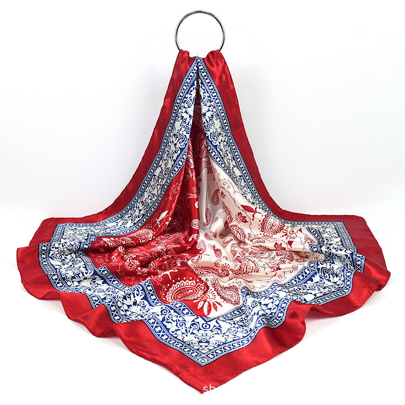 90x90cm Red Paisley Print Satin Hijab Scarf, Elegant Square Headscarf for Women, Saudi UAE Occasion Wear