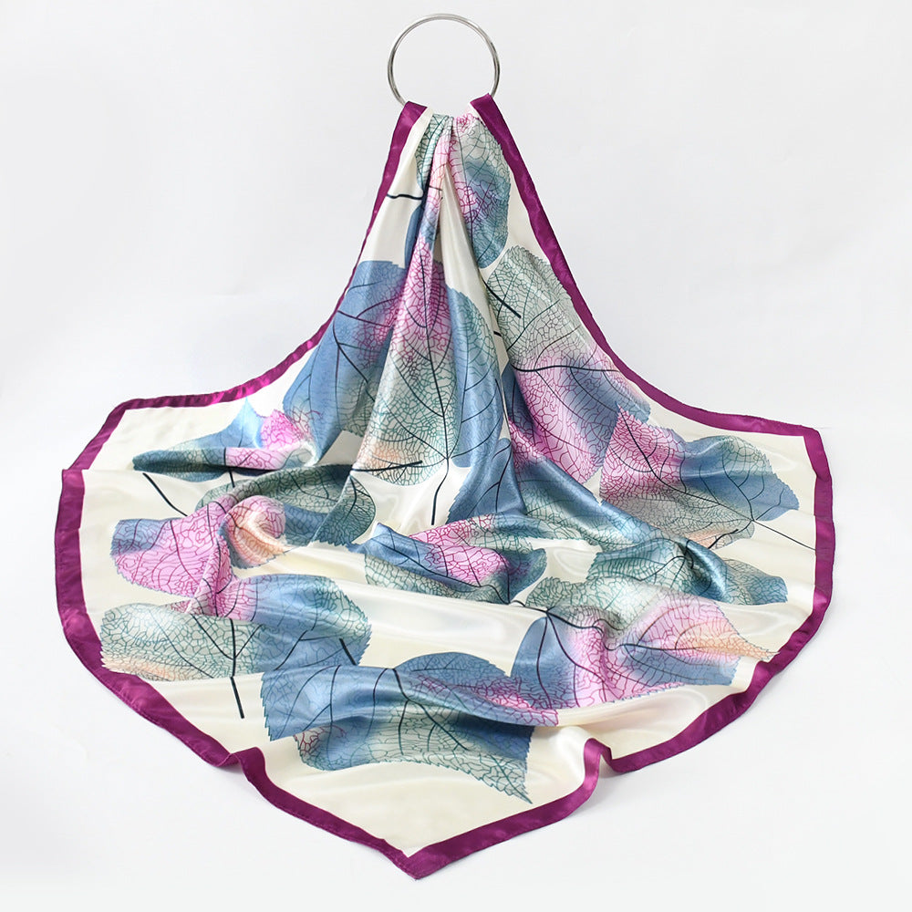 Colorful Leaf Print Satin Hijab Scarf, Elegant Square Headscarf for Women, Saudi UAE Daily & Eid Wear