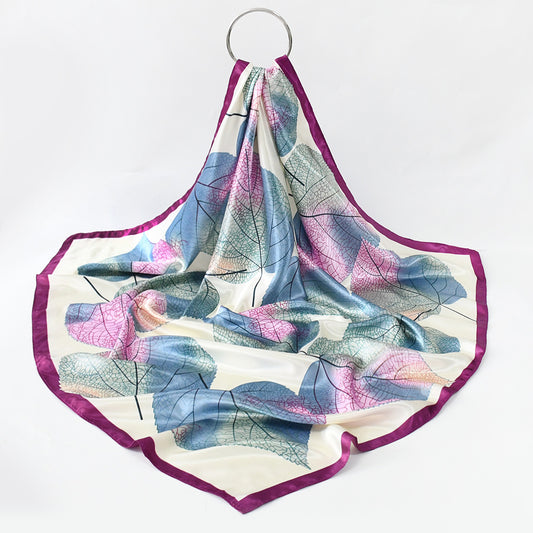 Colorful Leaf Print Satin Hijab Scarf, Elegant Square Headscarf for Women, Saudi UAE Daily & Eid Wear