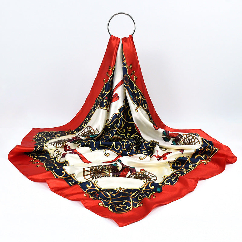 Red Carriage Print Satin Hijab Scarf, Luxury Square Headscarf for Women, Saudi UAE Eid & Party Wear