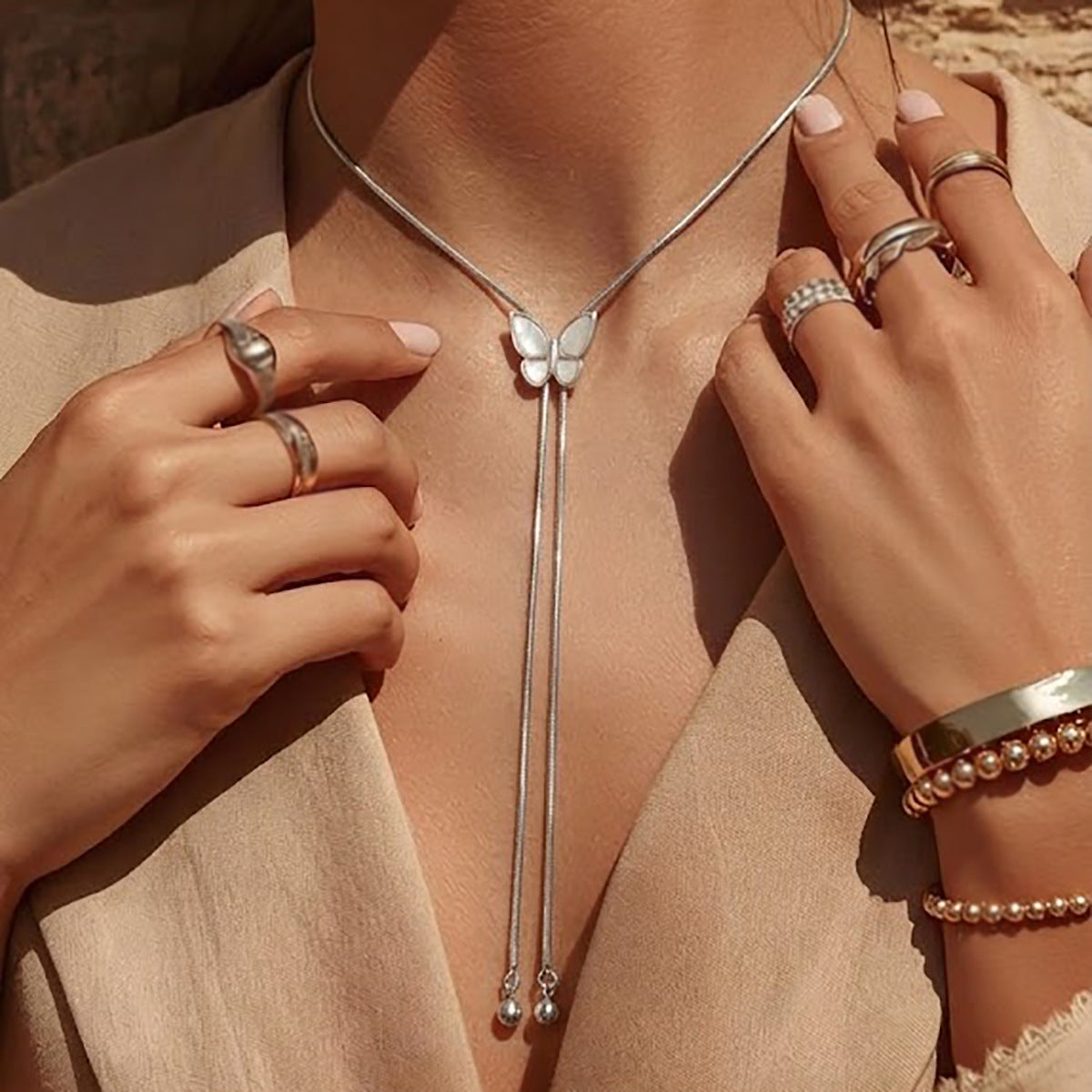 Stainless Steel Butterfly Lariat Necklace for Women, Adjustable Drawstring Y-Shaped Choker, Waterproof Silver Butterfly Pendant Necklace, Dainty Hypoallergenic Jewelry