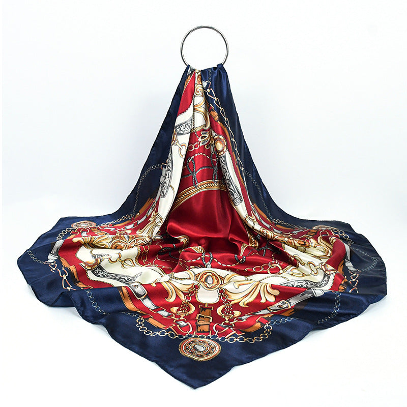 100% Polyester Satin Square Scarf for Women, Elegant Chain Buckle Print Head Wrap, Versatile Modest Hijab Shawl 90x90cm