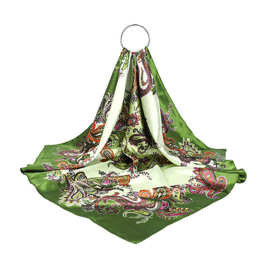 90x90cm Green Paisley Satin Hijab Scarf, Elegant Square Headscarf for Women, Saudi UAE Daily & Eid Wear