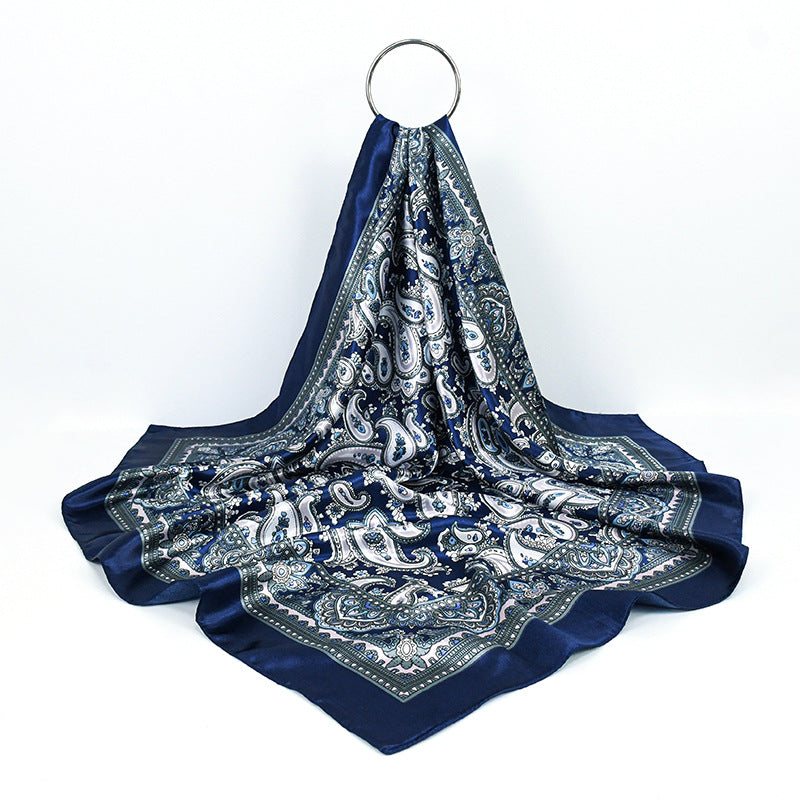 Navy Blue Paisley Printed Polyester Satin Square Hijab, Ladies Multi-use Headscarf Shawl