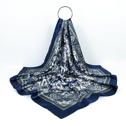 Navy Blue Paisley Printed Polyester Satin Square Hijab, Ladies Multi-use Headscarf Shawl