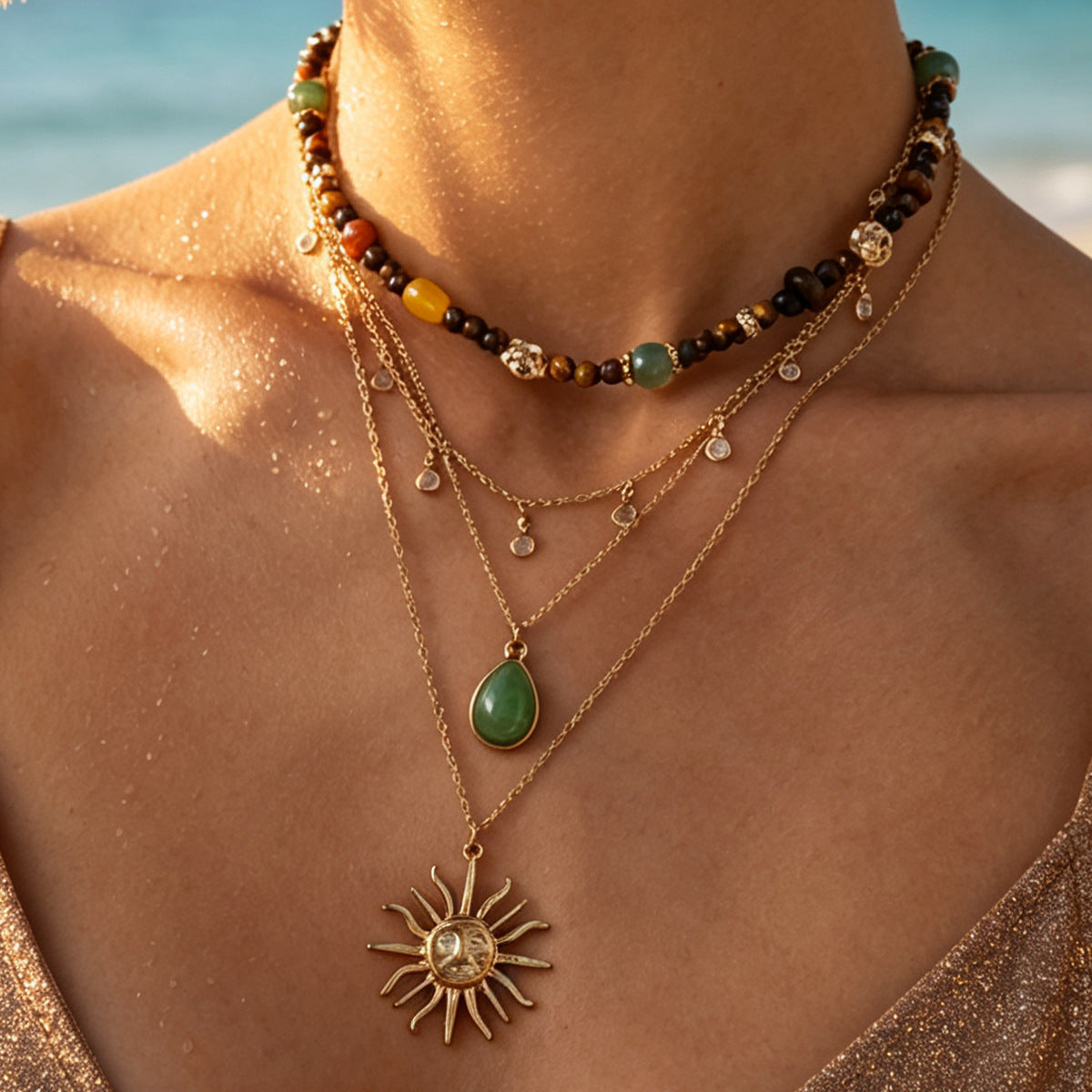 Women’s Multi Layer Gold Necklace, Bohemian Natural Stone Beaded Choker with Sun God Pendant, Retro Ethnic Stack Necklace Arab Fashion Jewelry Gift