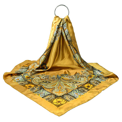 Golden Vintage Paisley Printed Polyester Satin Square Hijab, Ladies Multi-use Headscarf Shawl