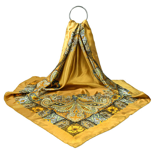 Golden Vintage Paisley Printed Polyester Satin Square Hijab, Ladies Multi-use Headscarf Shawl