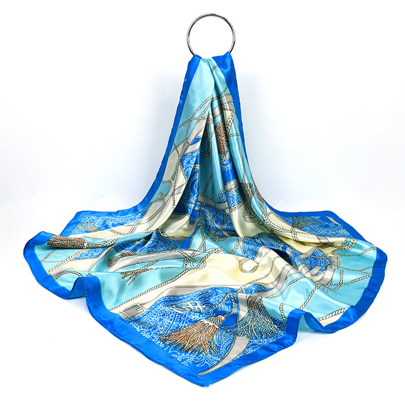 90x90cm Blue Tassel Chain Satin Hijab Scarf, Luxury Square Headscarf for Women, Saudi UAE Eid & Daily Wear