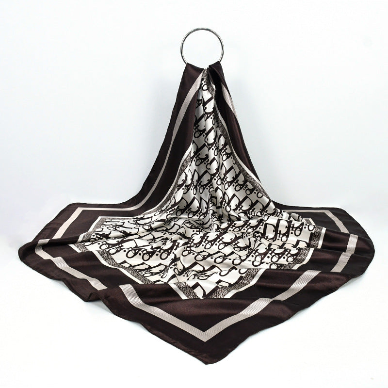 90x90cm Brown Monogram Satin Hijab Scarf, Luxury Square Headscarf for Women, Saudi UAE Daily & Eid Wear