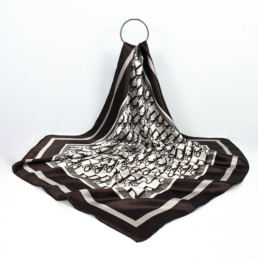 90x90cm Brown Monogram Satin Hijab Scarf, Luxury Square Headscarf for Women, Saudi UAE Daily & Eid Wear