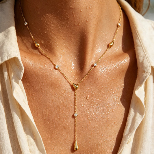 Gold Teardrop Y-Shaped Lariat Necklace, Women‘s Arabian CZ Dainty Chain