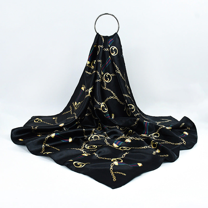 90x90cm Black Gold Chain Print Satin Hijab Scarf, Luxury Square Headscarf for Women, Saudi UAE Daily & Party Wear