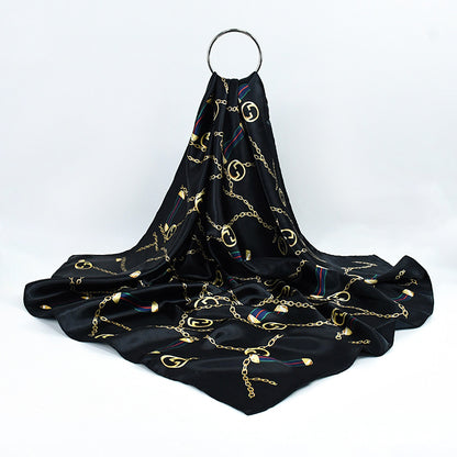 90x90cm Black Gold Chain Print Satin Hijab Scarf, Luxury Square Headscarf for Women, Saudi UAE Daily & Party Wear