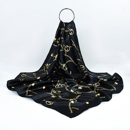 90x90cm Black Gold Chain Print Satin Hijab Scarf, Luxury Square Headscarf for Women, Saudi UAE Daily & Party Wear