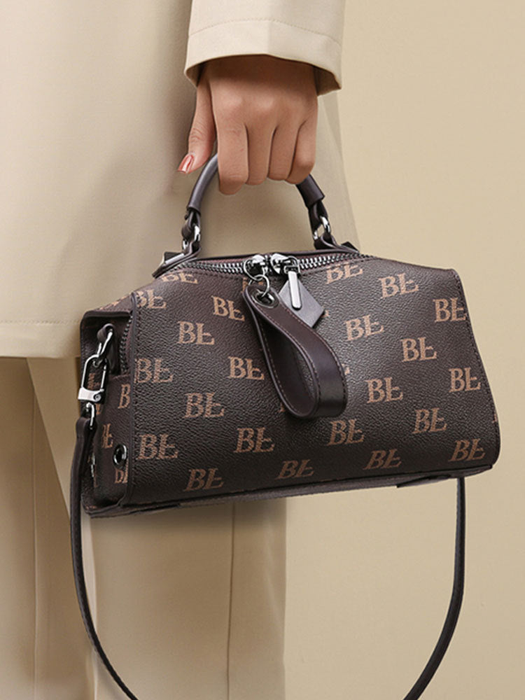 Women's Embossed Boston Bag, Premium Vegan Leather Barrel Handbag with Adjustable Strap, Black Monogram Pattern Top Handle Satchel, Large Capacity Shoulder Crossbody Bag
