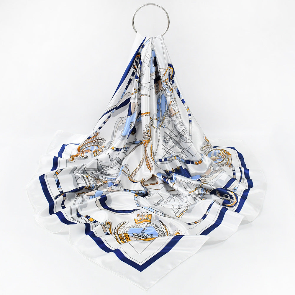 90x90cm Luxury Satin Hijab Scarf, Nautical Print Square Head Scarf for Women