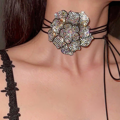 Rhinestone Flower Choker Necklace, Womens Arabian Crystal Statement