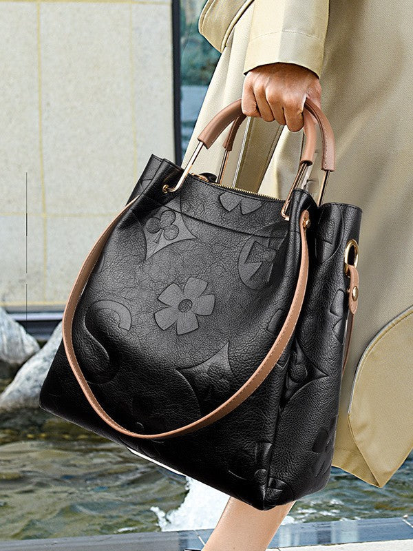 Women's Embossed Bucket Tote Bag, Premium Vegan Leather Handbag with Contrast Handle, Black Monogram Pattern Shoulder Bag, Large Capacity Work Tote with Crossbody Strap