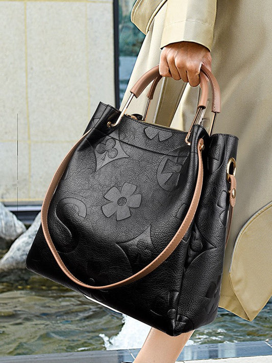 Women's Embossed Bucket Tote Bag, Premium Vegan Leather Handbag with Contrast Handle, Black Monogram Pattern Shoulder Bag, Large Capacity Work Tote with Crossbody Strap
